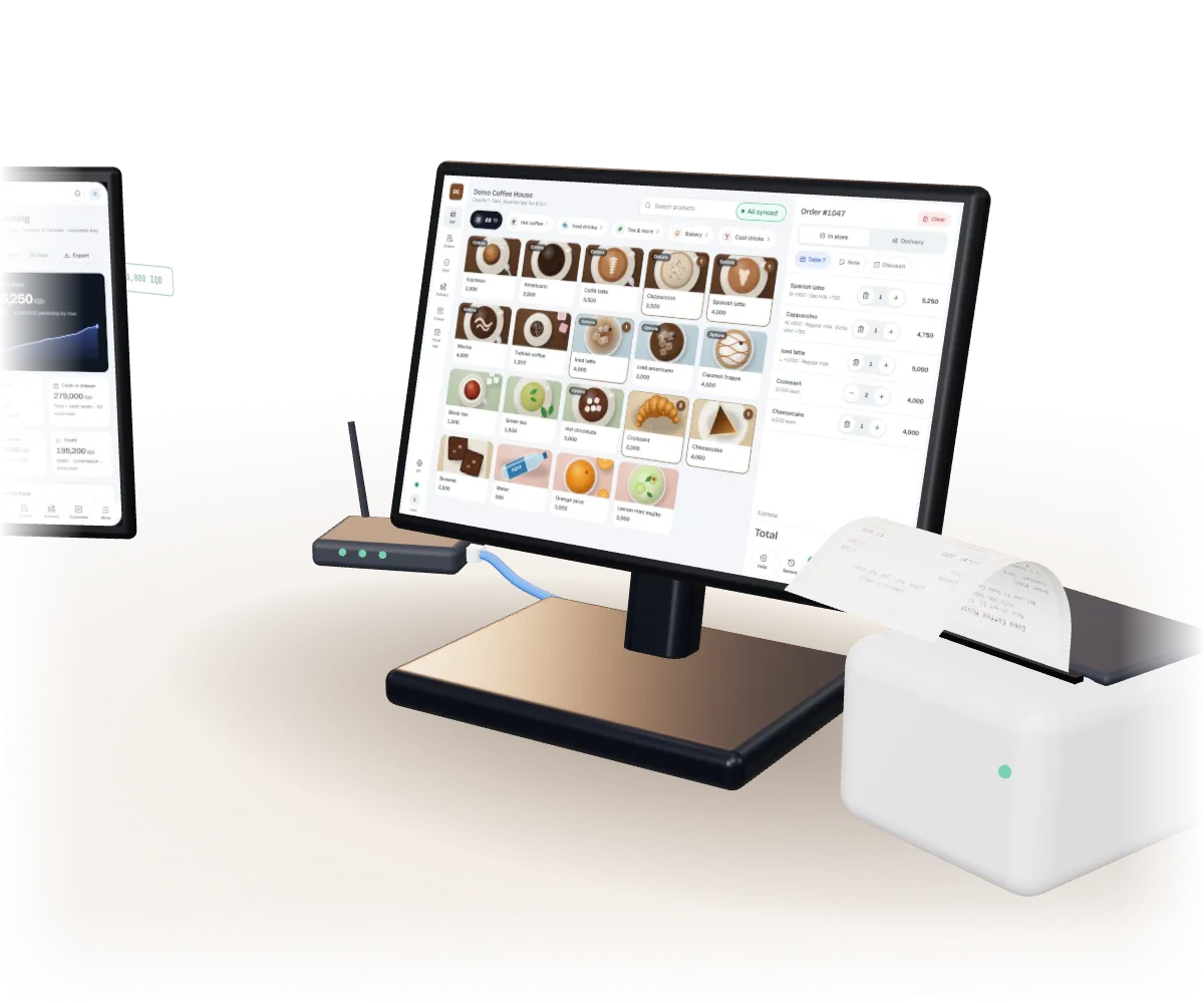 Animated 3D till that keeps printing receipts while offline